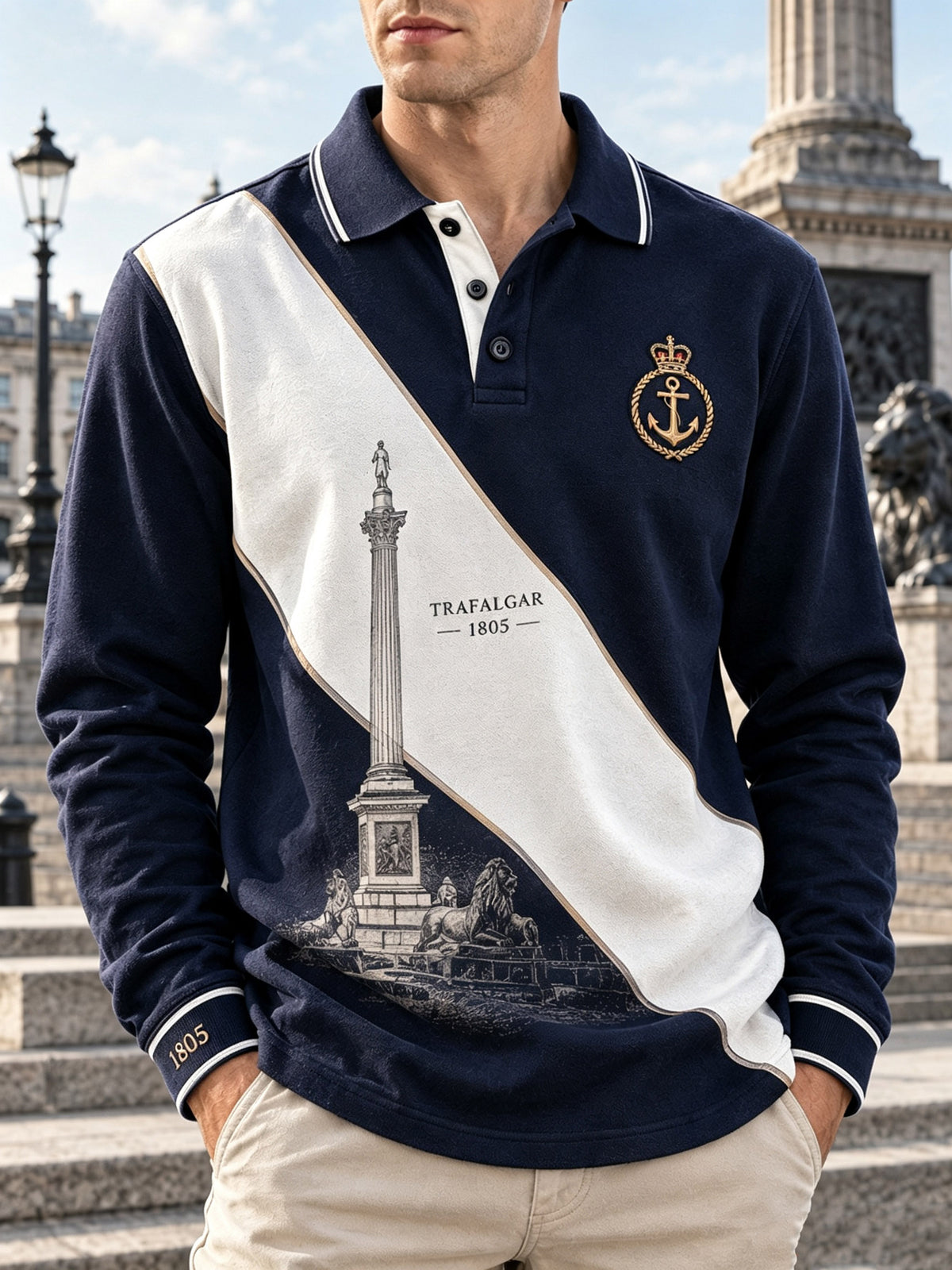 Men's Long-sleeved British Trafalgar Day Printed Polo Shirt