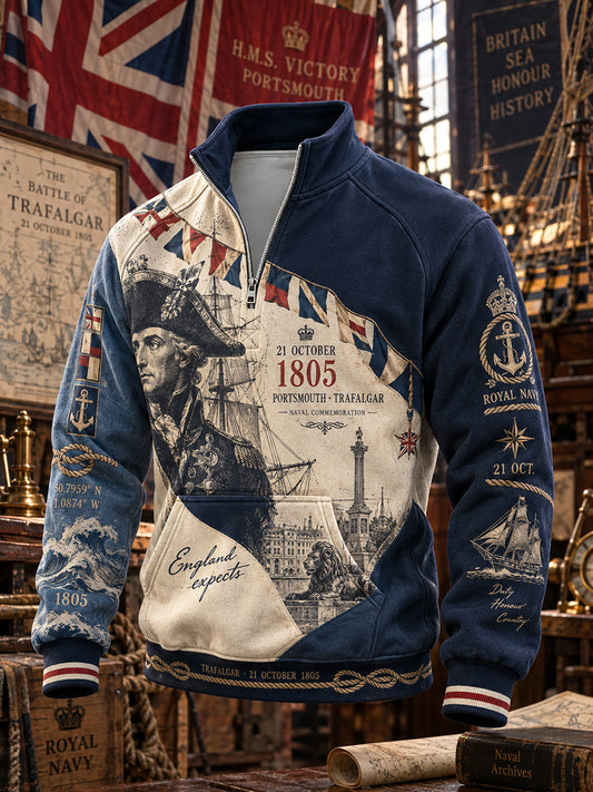 Men's Vintage British Trafalgar Day Printed Hoodie
