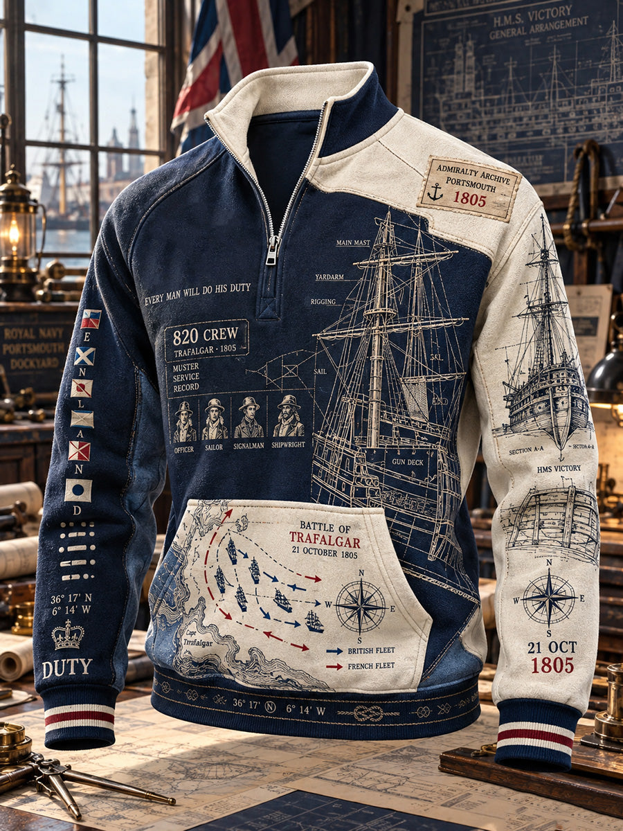 Men's Vintage British Trafalgar Day Printed Hoodie