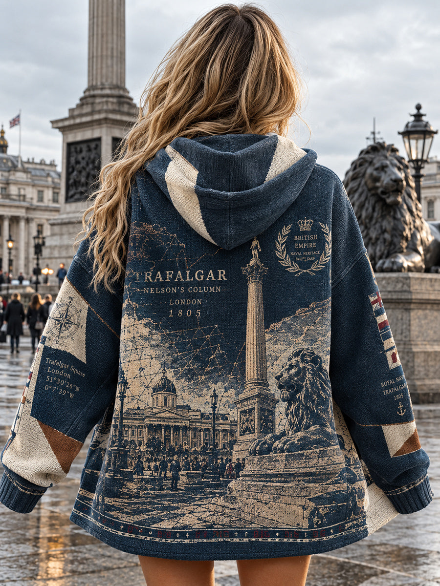 Women's Vintage British Trafalgar Day Printed Zip-Up Hoodie