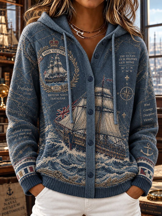 Women's  Vintage British Trafalgar Day Printed Knitted Coat
