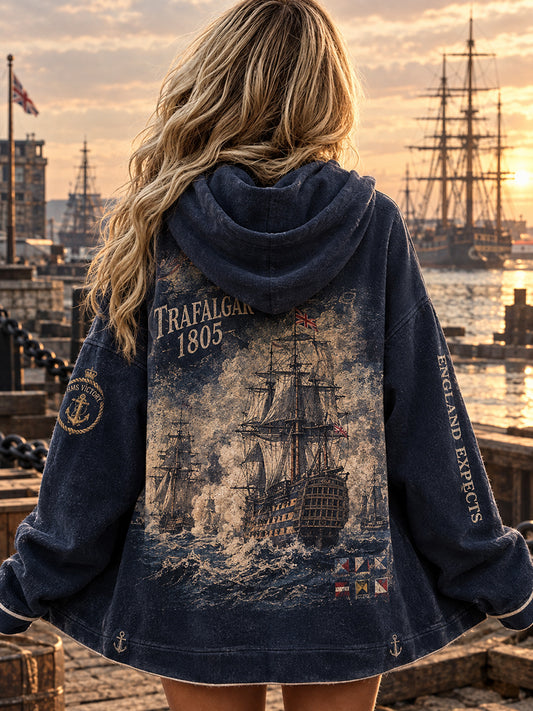 Women's Vintage British Trafalgar Day Printed Zip-Up Hoodie