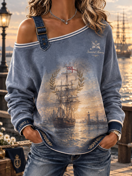 Women's Vintage British Trafalgar Day Printed Off-Shoulder Sweatshirt