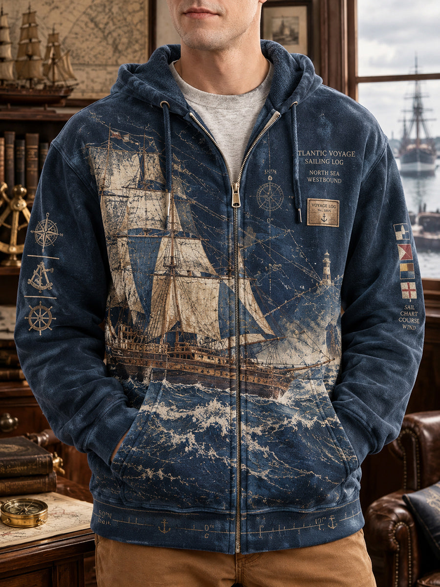 Men's Vintage British Trafalgar Day Printed Zip-Up Hoodie