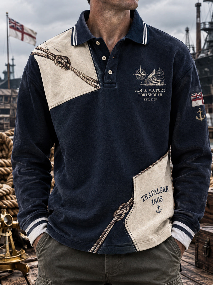 Men's Long-sleeved British Trafalgar Day Printed Polo Shirt
