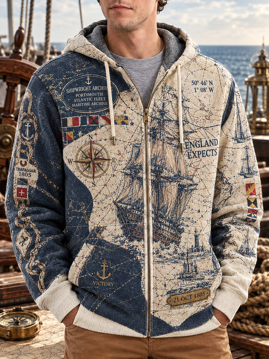 Men's Vintage British Trafalgar Day Printed Zip-Up Hoodie