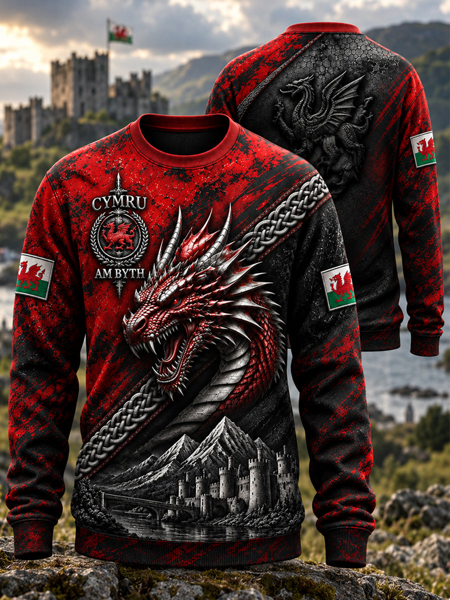 Men's Welsh Cultural Element Art Print Crew-Neck Sweatshirt