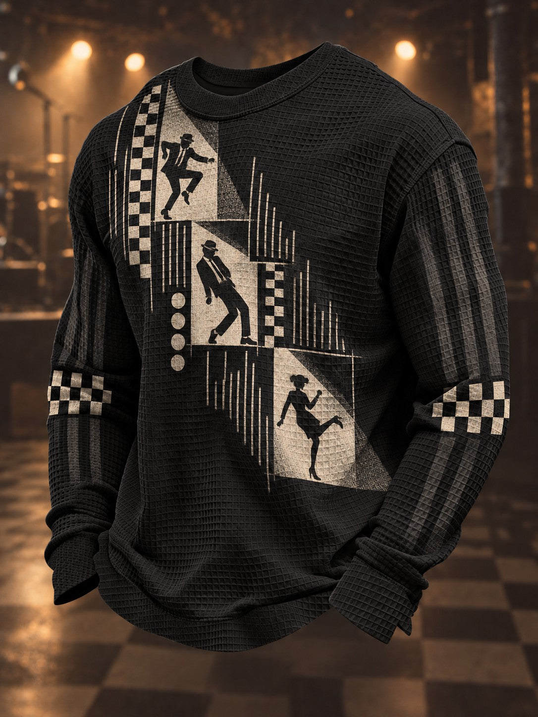 Men's Ska Revival Style Printed Waffle Long Sleeve T-Shirt