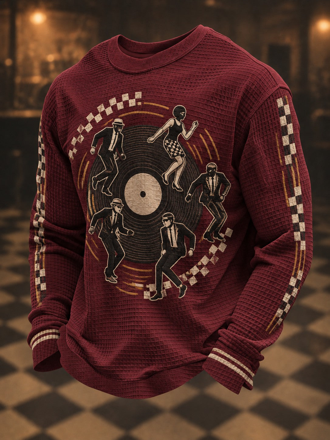 Men's Ska Revival Style Printed Waffle Long Sleeve T-Shirt
