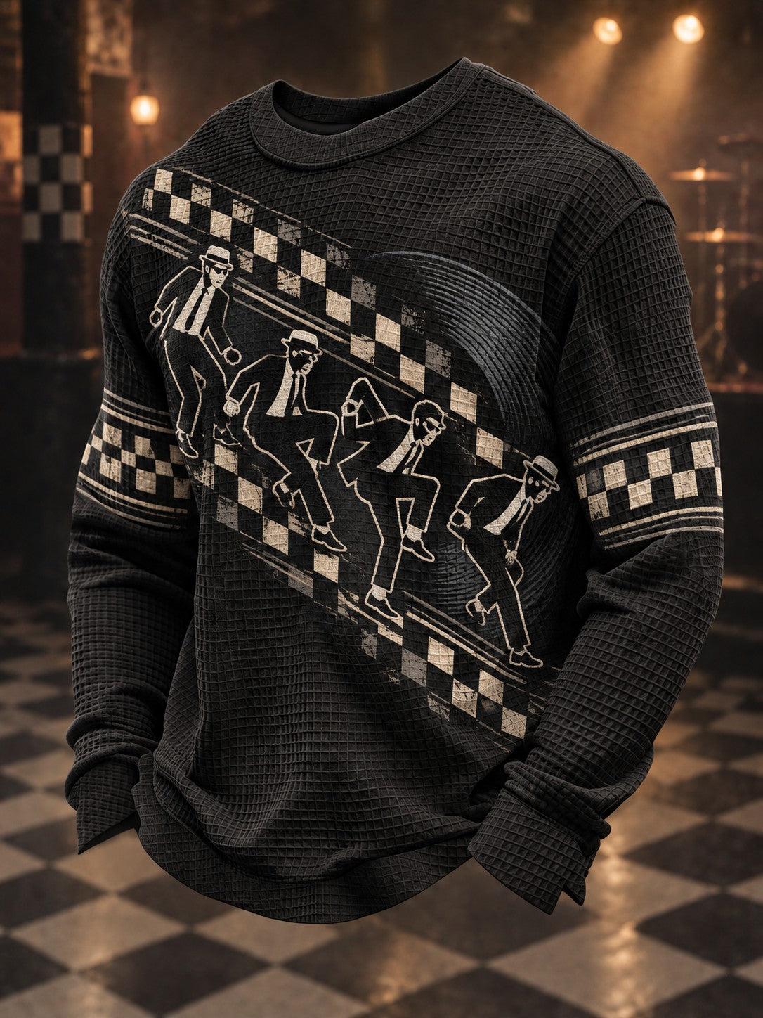 Men's Ska Revival Style Printed Waffle Long Sleeve T-Shirt