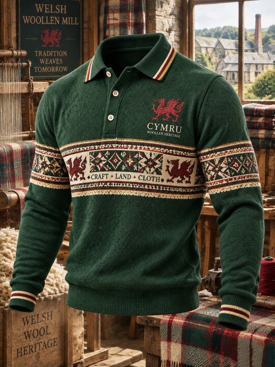 Men's Vintage Britsh Wales Printed Long-sleeved Polo Shirt