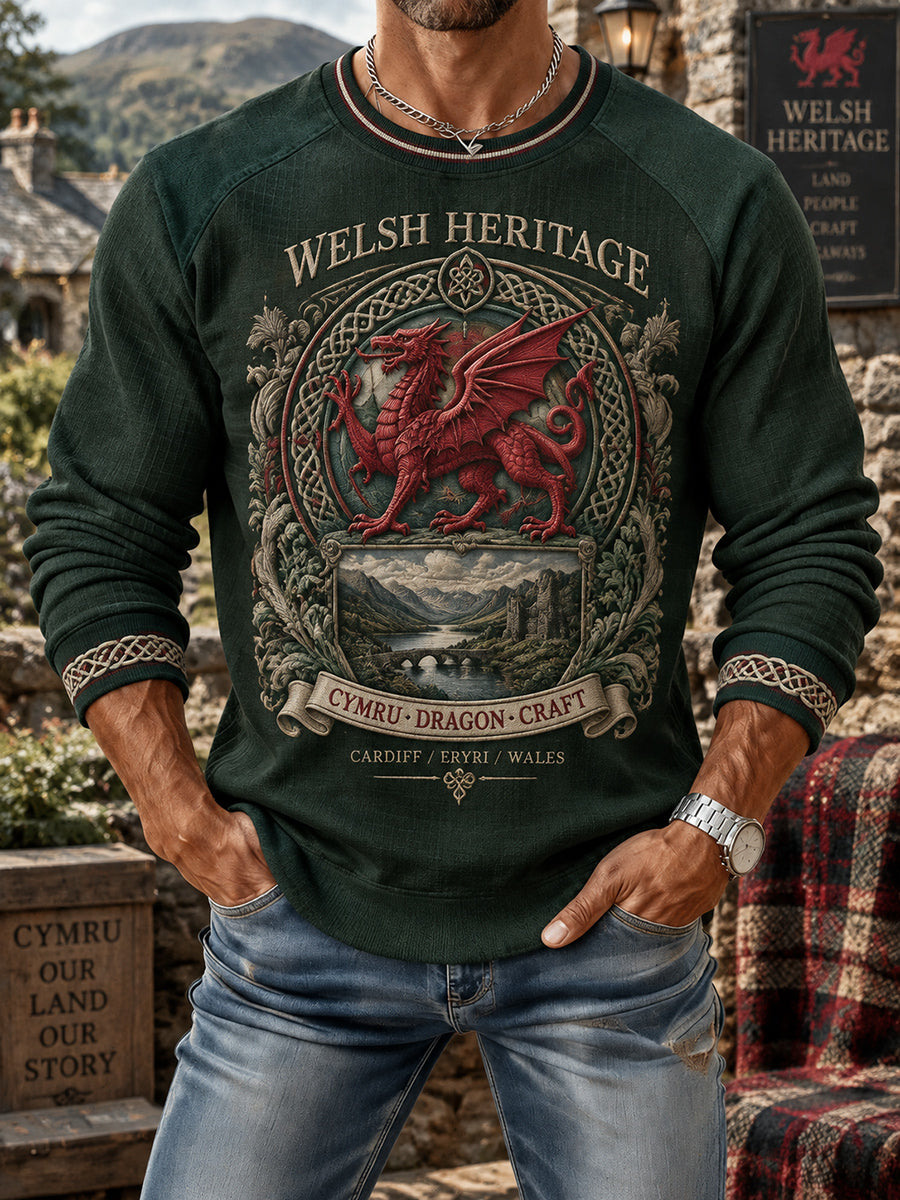 Men's Crew-Neck Vintage Britsh Wales Printed Hoodie