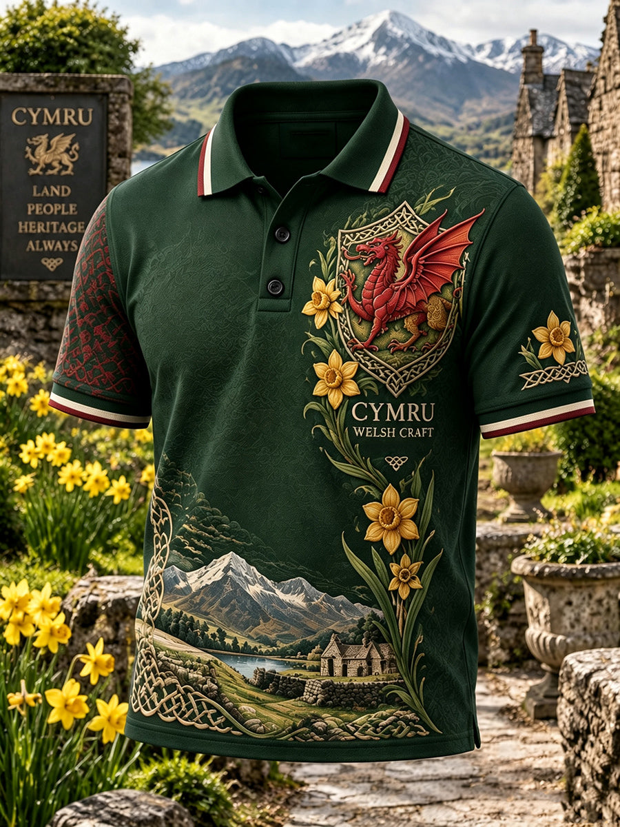 Men's Vintage Britsh Wales Printed Polo Shirt