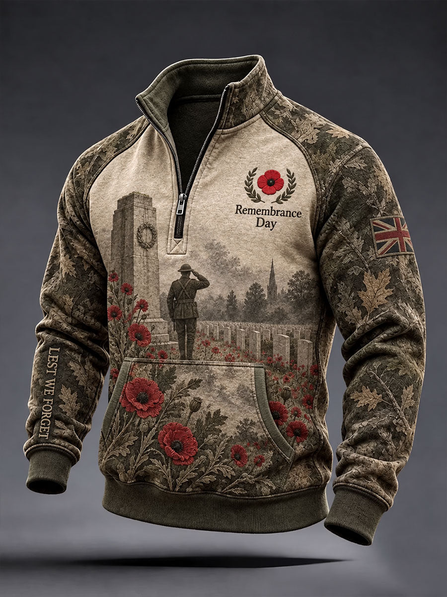 Men's Remembrance Day Lest We Forget Print Zip-Up Hoodie