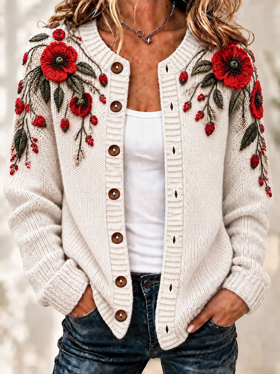 Women's  Remembrance Day Floral Cardigan-Style Knit Jacket