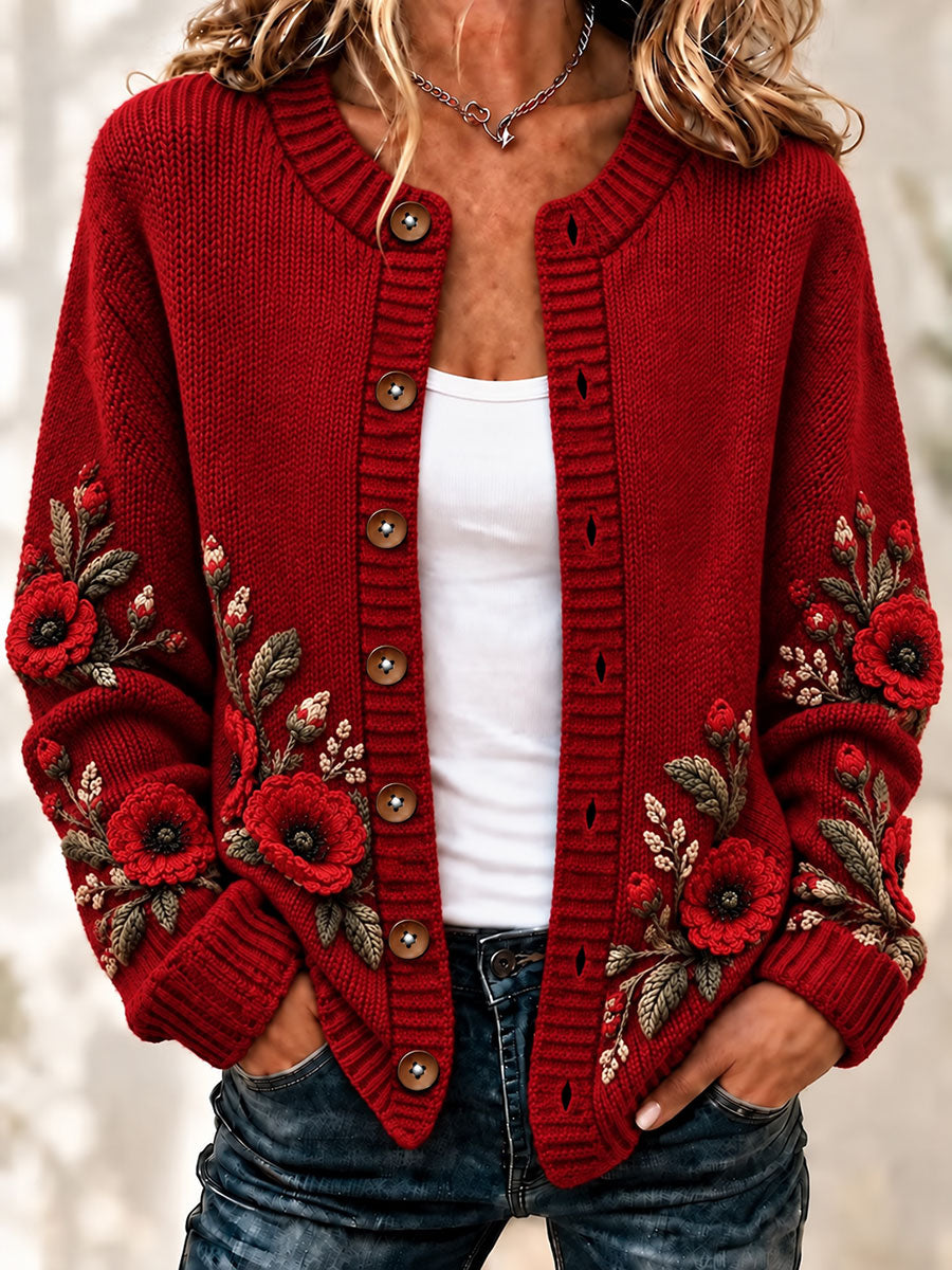 Women's  Remembrance Day Floral Cardigan-Style Knit Jacket