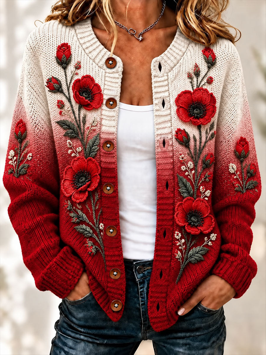 Women's  Remembrance Day Floral Cardigan-Style Knit Jacket
