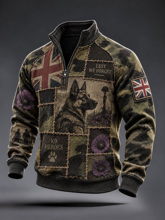 Men's Lest We Foget Military Dog Print Zip-Up Hoodie