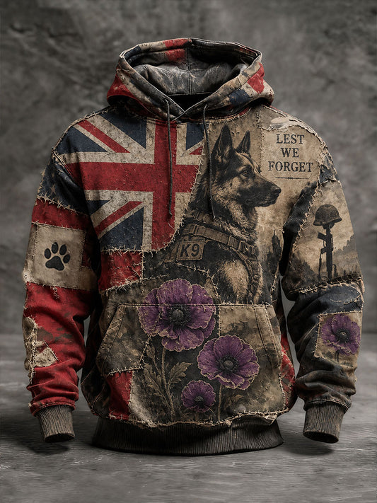Men's Lest We Foget Military Dog Print Oversized Drop-Shoulder Hoodie With Pockets