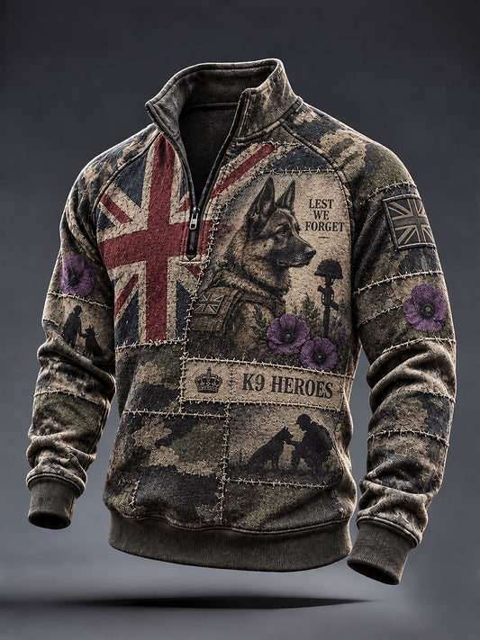 Men's Lest We Foget Military Dog Print Zip-Up Hoodie