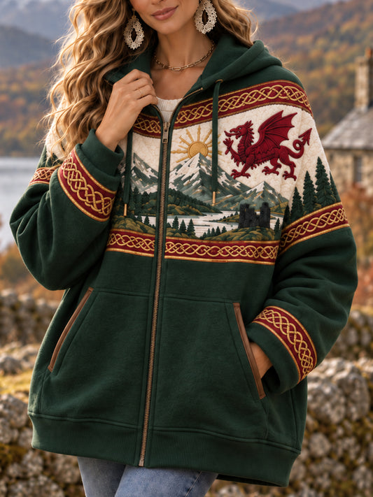 Women's Welsh Dragon Printed Zipper Hoodie