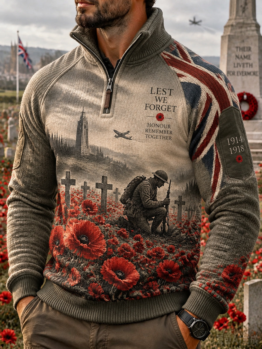 Men's Placketed British Remembrance Day Printed Long Sleeve Sweater