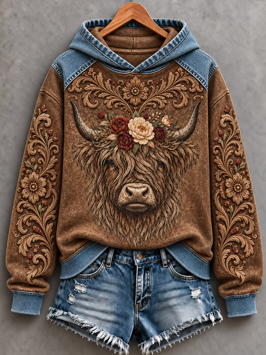 Women's Cute Highland Cow Art Print Hoodie