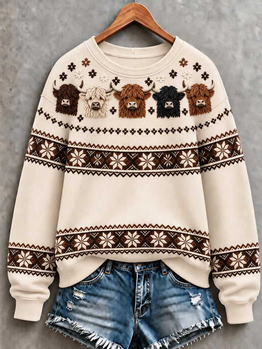 Women's Cute Highland Cow Art Print Sweatshirt