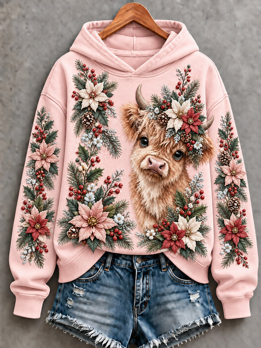 Women's Cute Highland Cow Art Print Hoodie