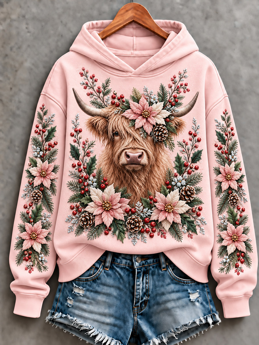 Women's Cute Highland Cow Art Print Hoodie