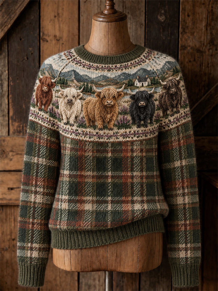 Women's Vintage Highland Cows Scotland Landscape & Tartan Yoke Isle Print crew neck sweater