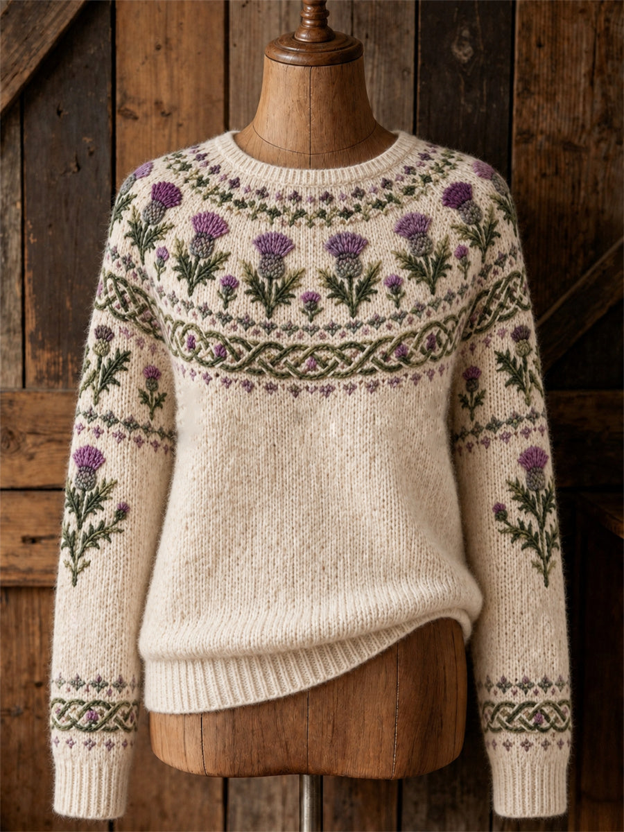 Women's Vintage Thistles Celtic Knot Yoke Isle Print crew neck sweater
