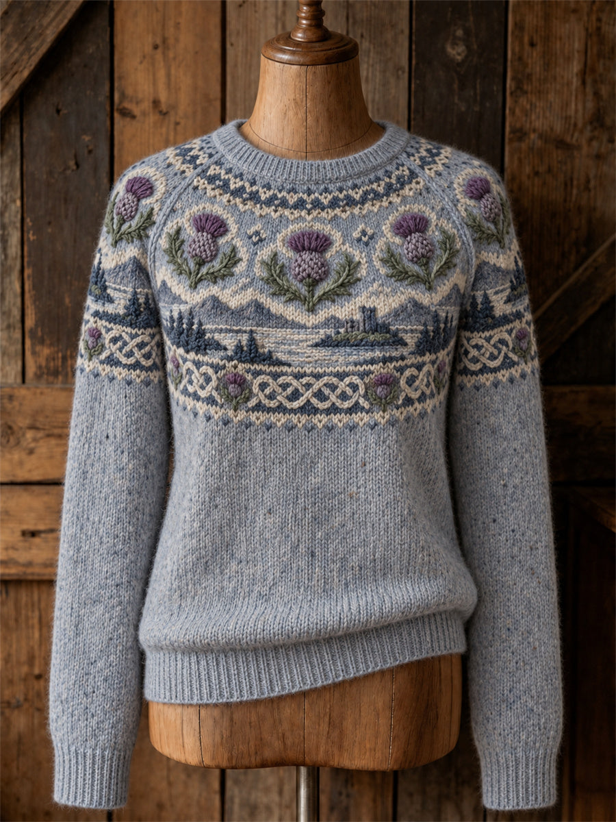 Women's Vintage Thistles Scotland Landscape Yoke Isle Print crew neck sweater