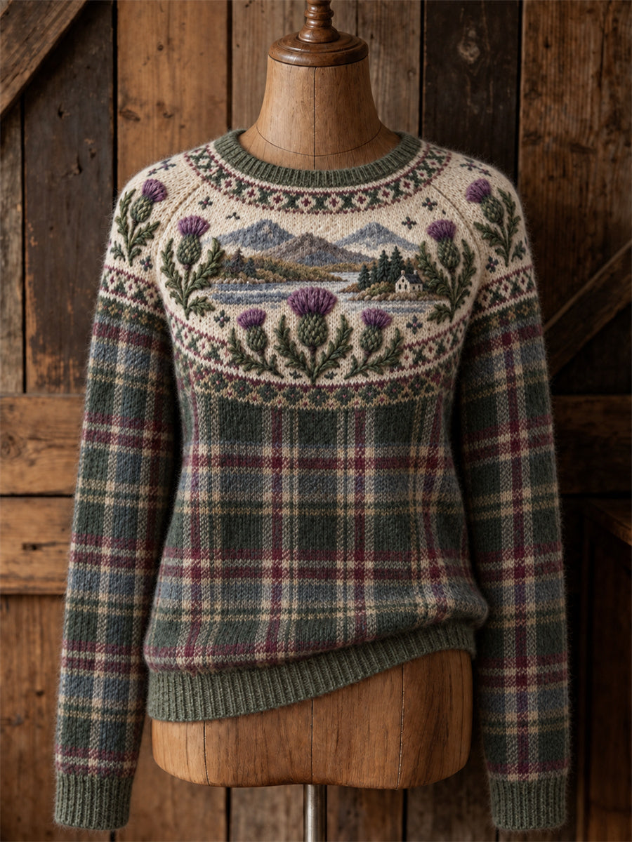Women's Vintage Thistles Scotland Landscape & Tartan Yoke Isle Print crew neck sweater