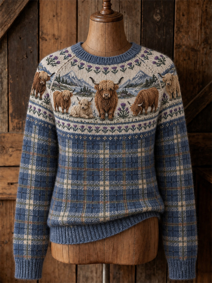 Women's Vintage Highland Cows Scotland Landscape & Tartan Yoke Isle Print crew neck sweater
