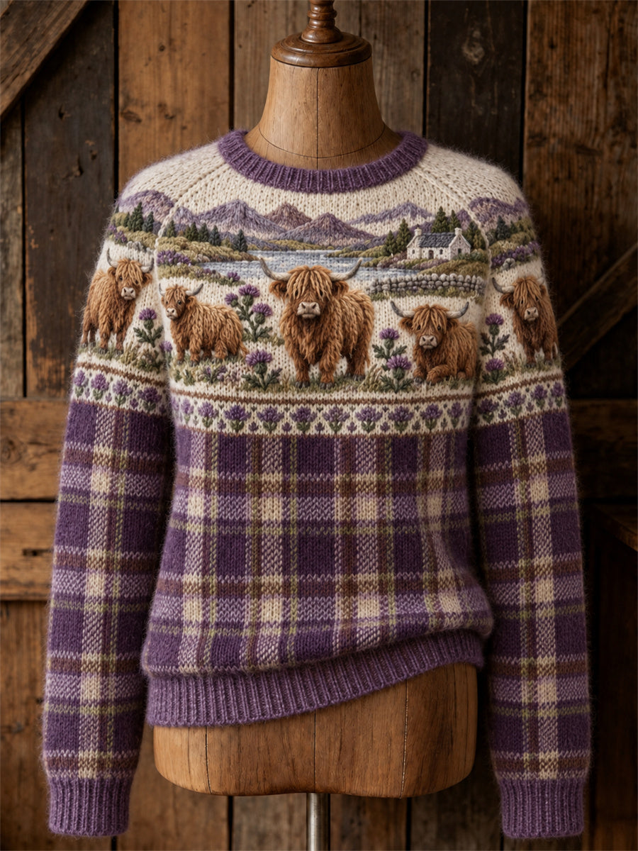 Women's Vintage Highland Cows Scotland Landscape & Tartan Yoke Isle Print crew neck sweater