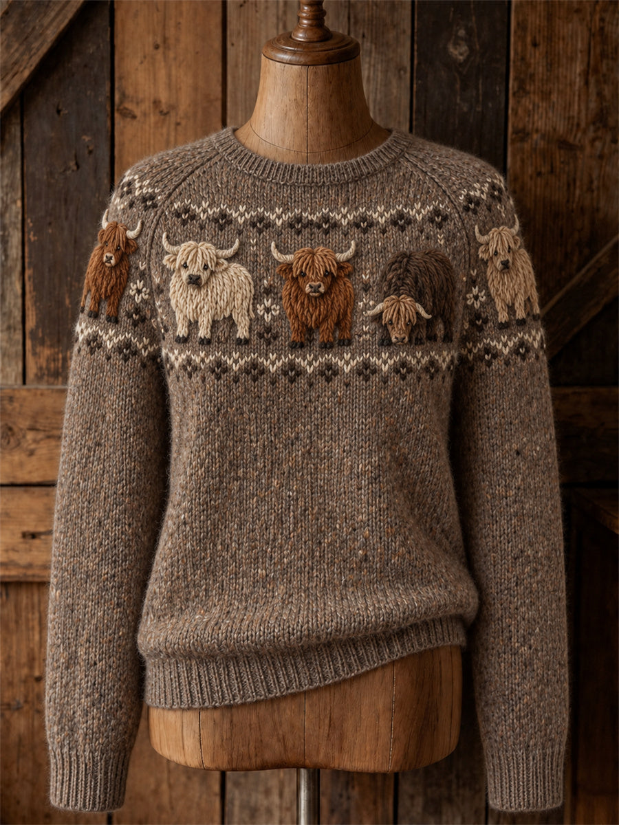 Women's Vintage Highland Cows Yoke Isle Print crew neck sweater
