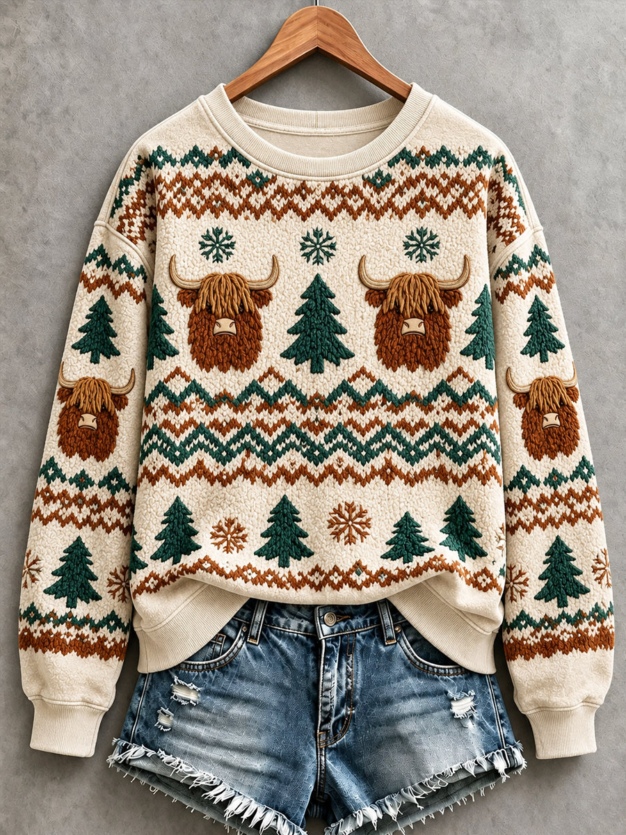 Women's Cute Highland Cow Art Print Sweatshirt