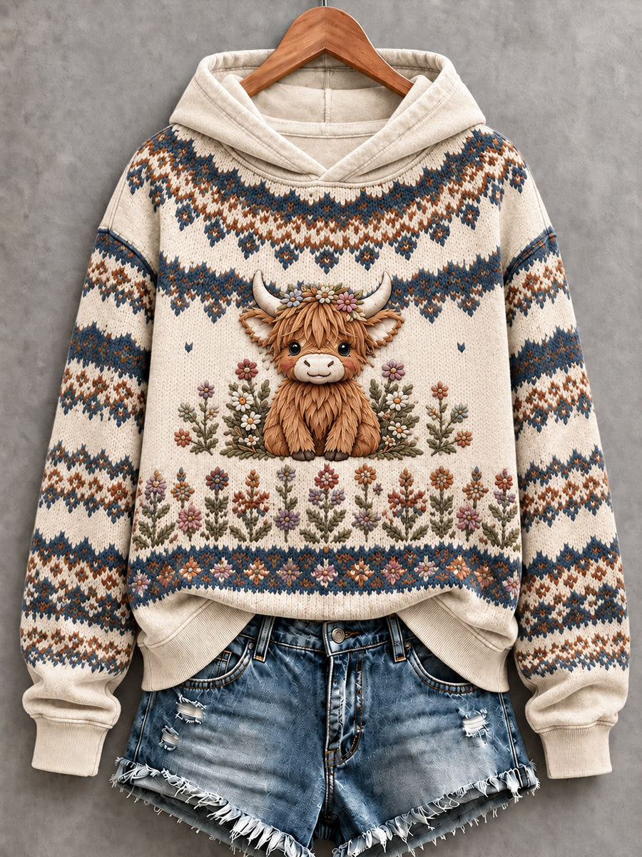 Women's Cute Highland Cow Art Print Hoodie