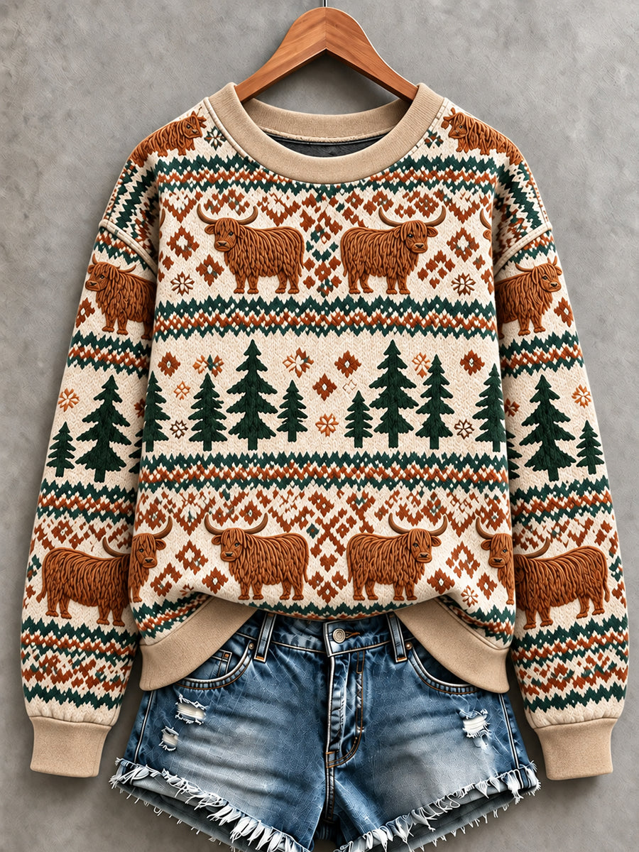 Women's Cute Highland Cow Art Print Sweatshirt