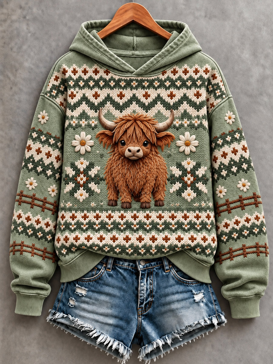 Women's Cute Highland Cow Art Print Hoodie