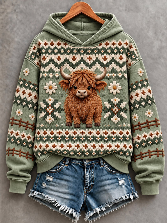 Women's Cute Highland Cow Art Print Hoodie