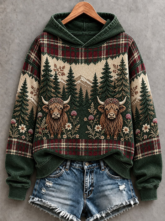 Women's Cute Highland Cow Art Print Hoodie