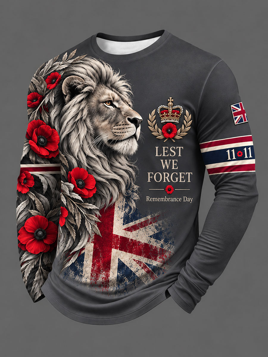 Men's Lest We Forget Print Long Sleeve Round Neck T-shirt