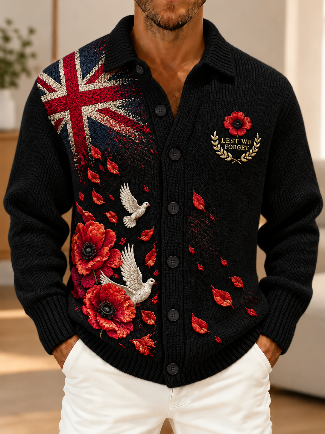 Men's Remembrance Day Vintage British Welsh Patterned Imitation Sweater