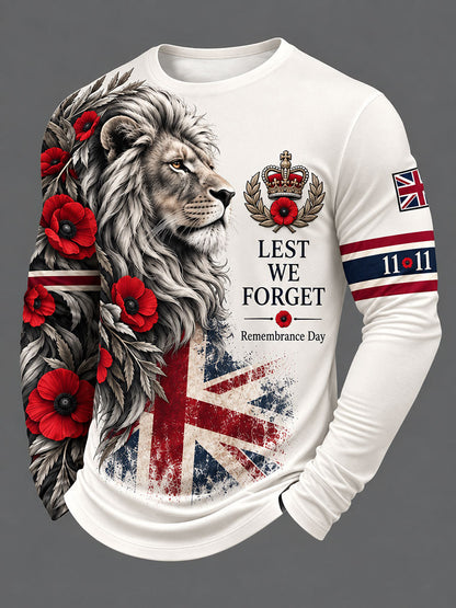 Men's Lest We Forget Print Long Sleeve Round Neck T-shirt