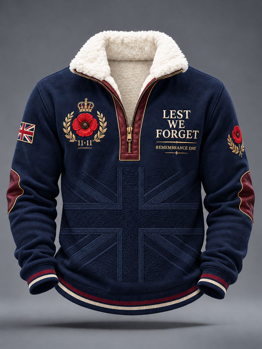 Men's Lest We Forget Print Plush Stand Collar Shirt
