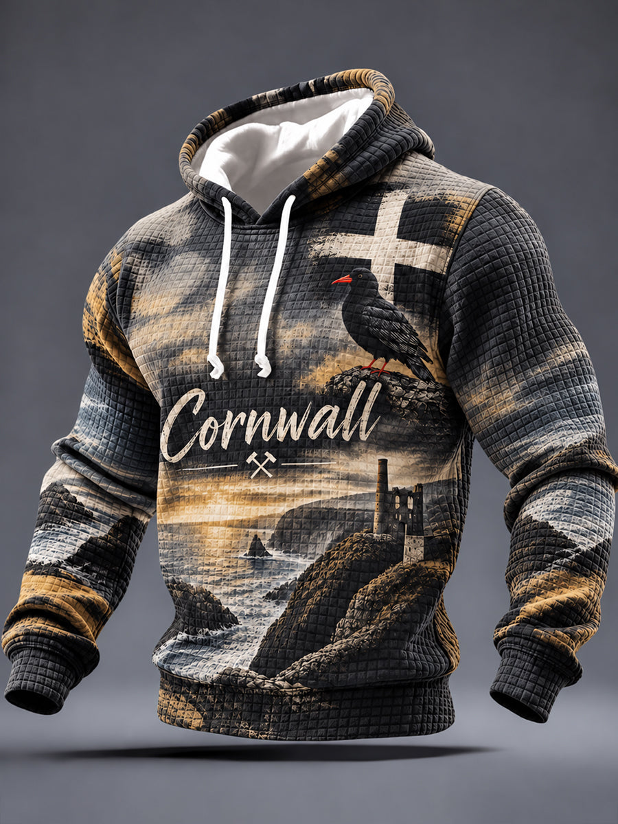Men's Cornwall Art Print Checkered Cotton Hoodie