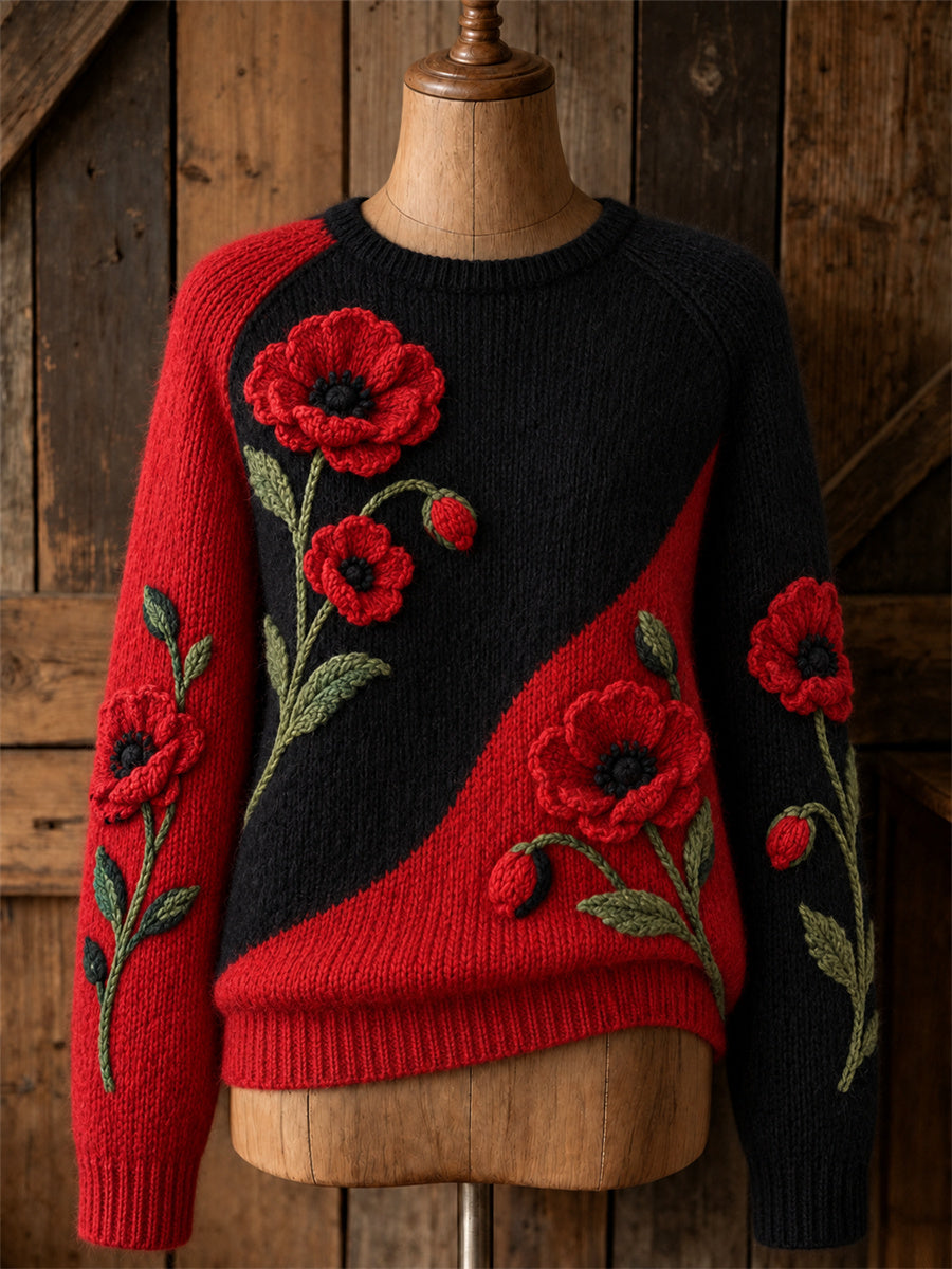 Women's Classy Papaveraceae Floral Contrast Color Print crew neck sweater