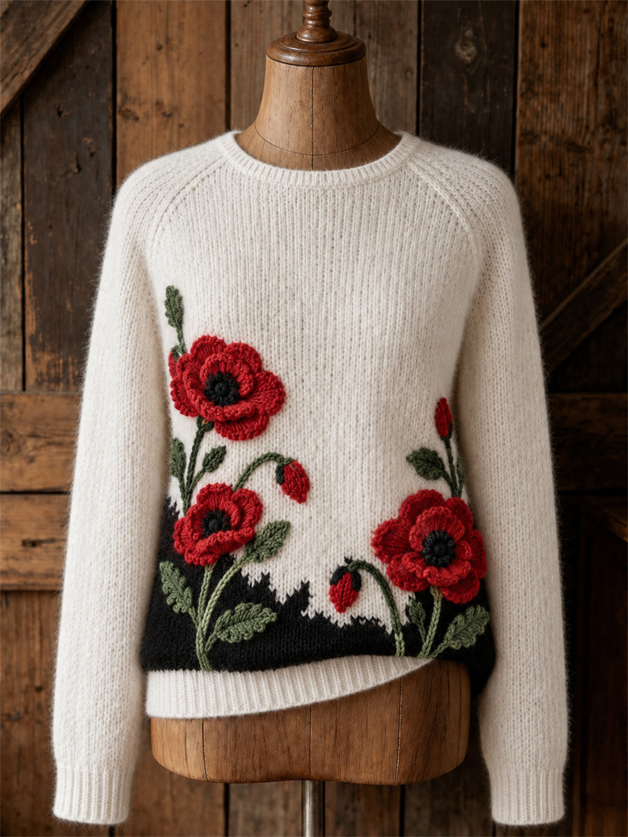 Women's Classy Papaveraceae Floral Contrast Color Print crew neck sweater